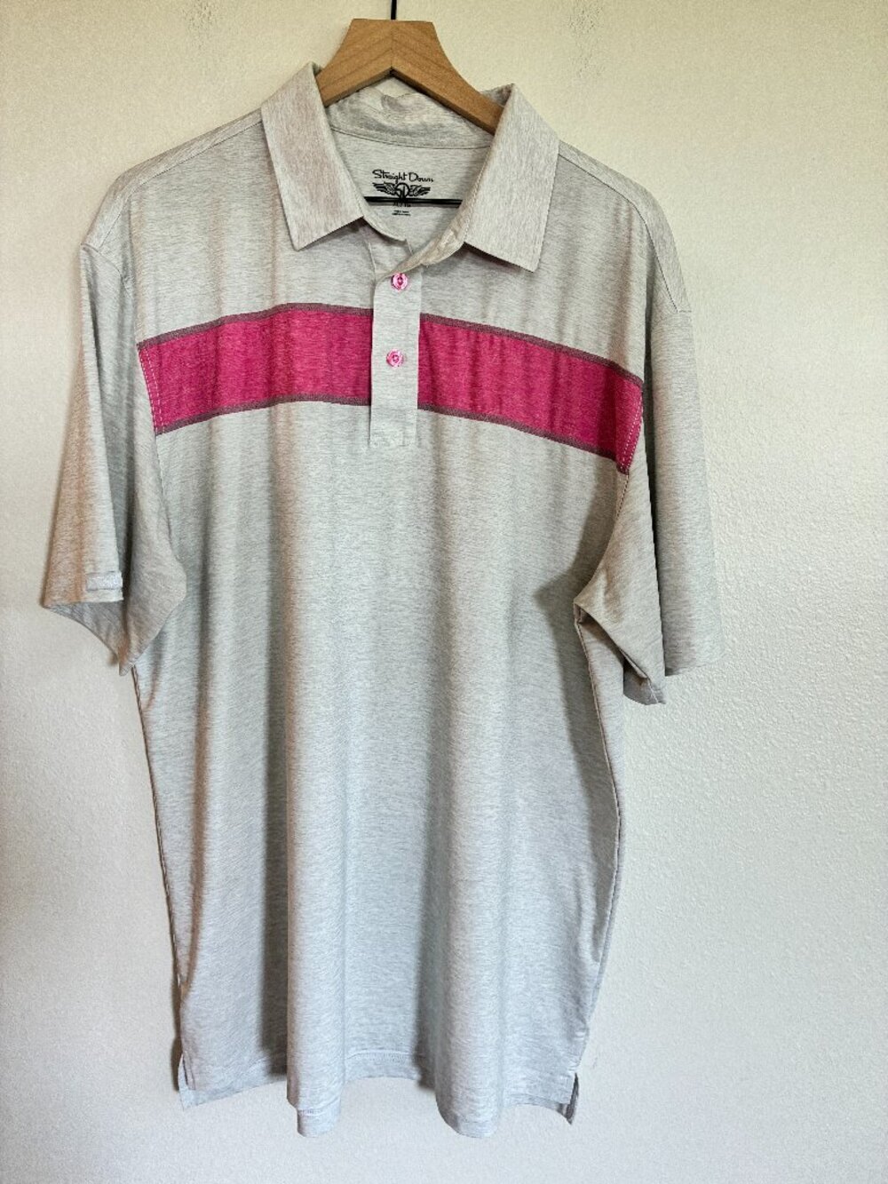 Straight Down Polo Shirt Gray Pink Stripe Performance Golf Short Sleeve